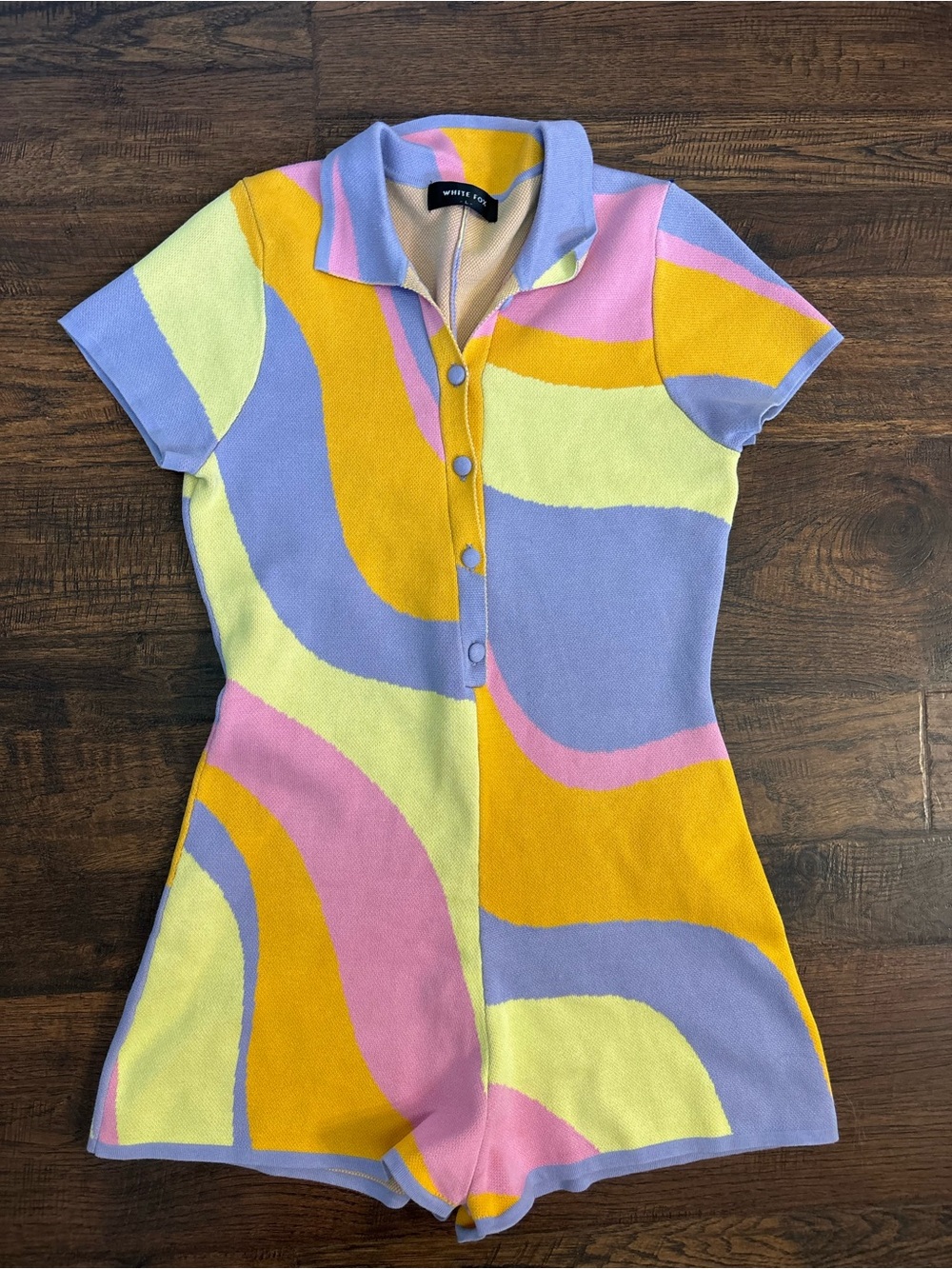 White Fox Romper L Knit Pastel Abstract Retro Mod Festival Button Front Y2K